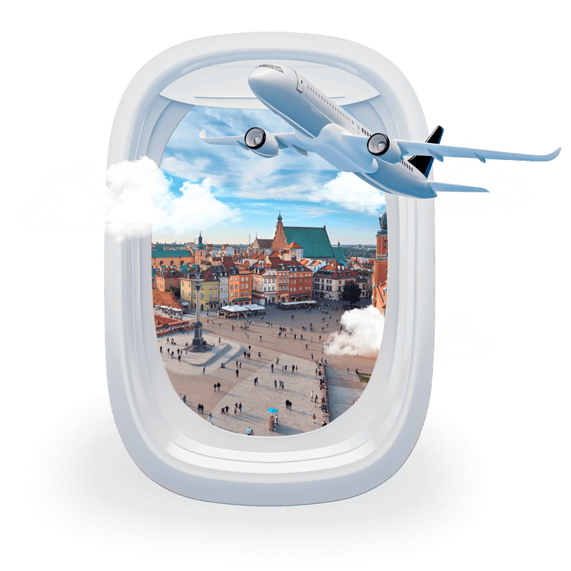 View through airplane window — European city