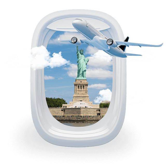 View through airplane window — destination